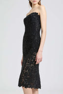 Midi strapless bustier dress in macramé lace with crystals