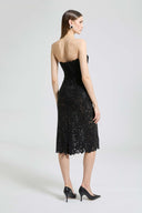 Midi strapless bustier dress in macramé lace with crystals