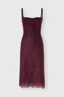 Below-the-knee sheath dress in rebrodé lace with scalloped hem