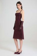 Below-the-knee sheath dress in rebrodé lace with scalloped hem