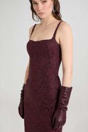Below-the-knee sheath dress in rebrodé lace with scalloped hem