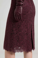 Below-the-knee sheath dress in rebrodé lace with scalloped hem