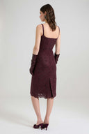 Below-the-knee sheath dress in rebrodé lace with scalloped hem