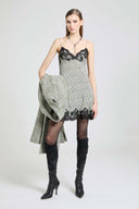 Lingerie-inspired dress in resca-print crêpe de Chine with lace details