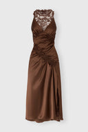 Hand-draped silk satin midi dress with lace details