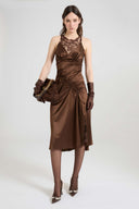 Hand-draped silk satin midi dress with lace details