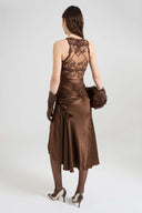 Hand-draped silk satin midi dress with lace details