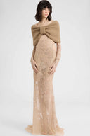 Long tulle gown with lace embroidery and tonal crystals