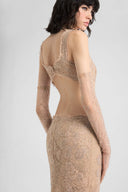 Long tulle gown with lace embroidery and tonal crystals