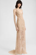 Long tulle gown with lace embroidery and tonal crystals