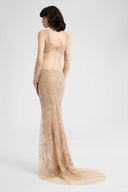 Long tulle gown with lace embroidery and tonal crystals