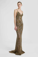Long gown in full-stitch lace with tonal crystals