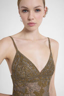 Long gown in full-stitch lace with tonal crystals
