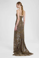 Long gown in full-stitch lace with tonal crystals