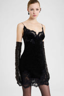 Short Astrakhan-Effect Slip Dress with Rebrodé Embroidery