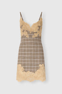 Robe courte esprit nuisette en laine vierge tartan avec dentelle Rebrodé