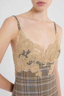 Robe courte esprit nuisette en laine vierge tartan avec dentelle Rebrodé