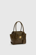 Amanda Mini Double Handle Bag in Loden Green Crocodile-Print Calfskin