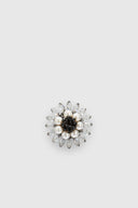 Brass jewel brooch with navette crystals, off-white pearls and jet beads
