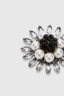 Brass jewel brooch with navette crystals, off-white pearls and jet beads