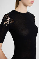 Maglia in Jersey Misto Cashmere con Ricamo Floreale