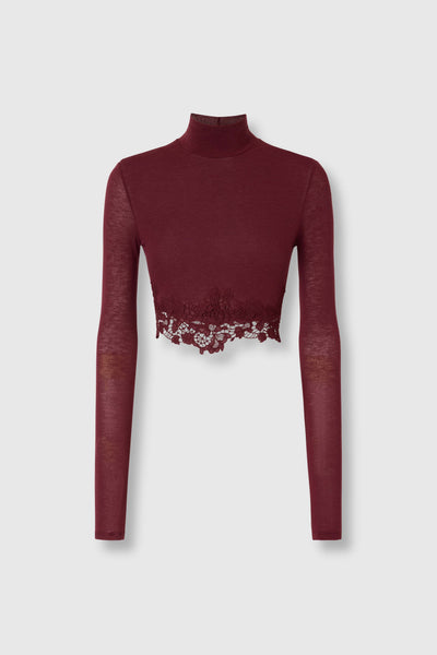 Cropped Cashmere Blend Jersey Turtleneck with Lace Hem