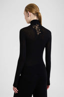 Cashmere Blend Jersey Turtleneck with Lace Cutwork