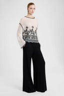 Alpaca Pashmina Fabric Blouse with Kimono Sleeves and Floral Embroidery
