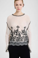 Alpaca Pashmina Fabric Blouse with Kimono Sleeves and Floral Embroidery