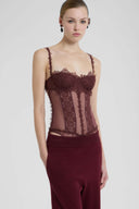 Burgundy Tulle Corset with Floral Embroidery and Second-Skin Effect