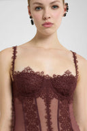 Burgundy Tulle Corset with Floral Embroidery and Second-Skin Effect
