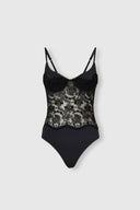 Lycra Bodysuit with Floral Embroidered Tulle and Structured Cups