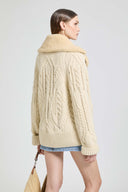 Cream oversized cardigan in virgin wool with merino shearling collar