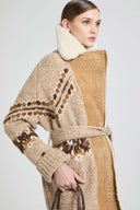 Nordic jacquard cardigan coat with shearling trims