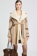 Nordic jacquard cardigan coat with shearling trims