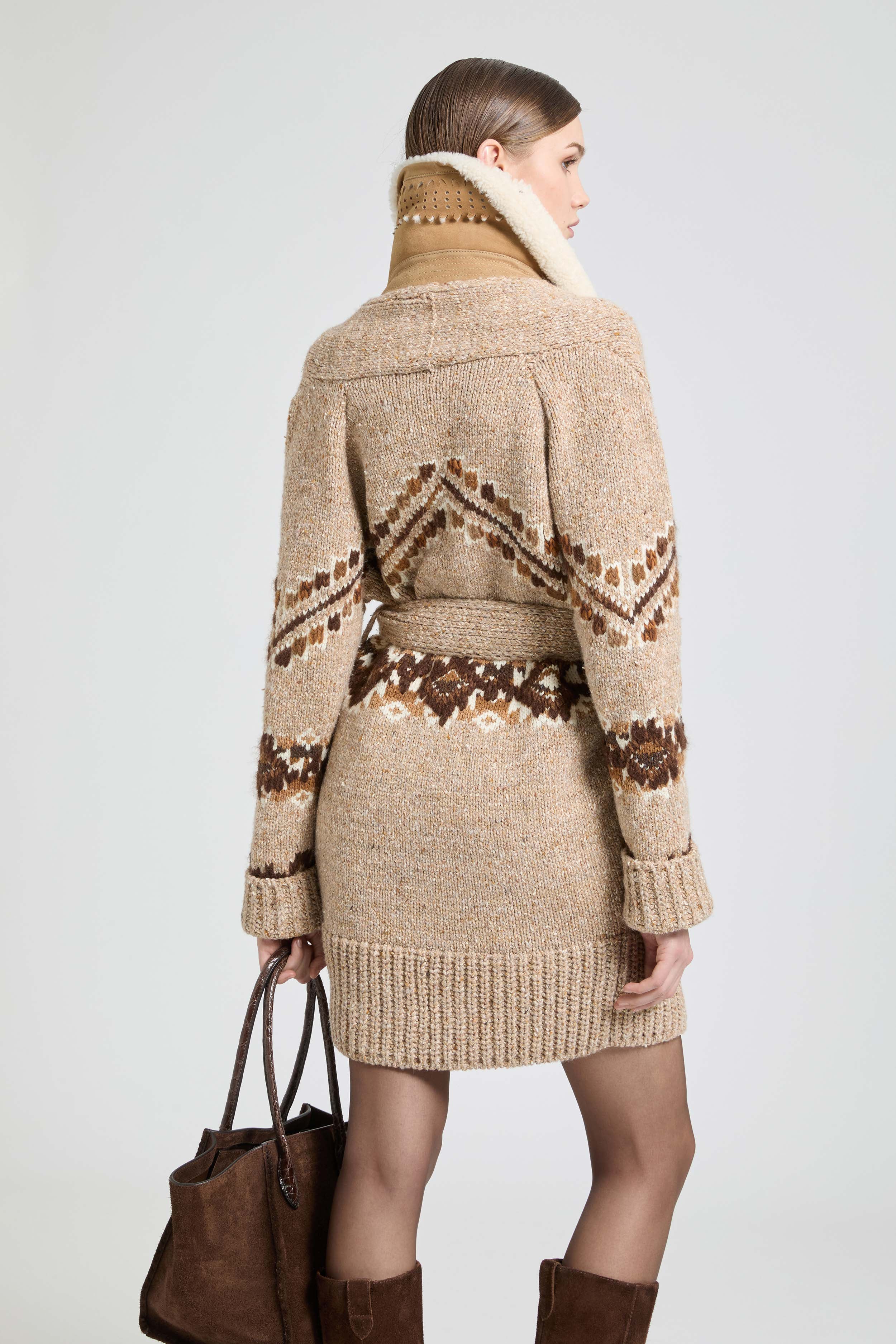 Nordic jacquard cardigan coat with shearling trims