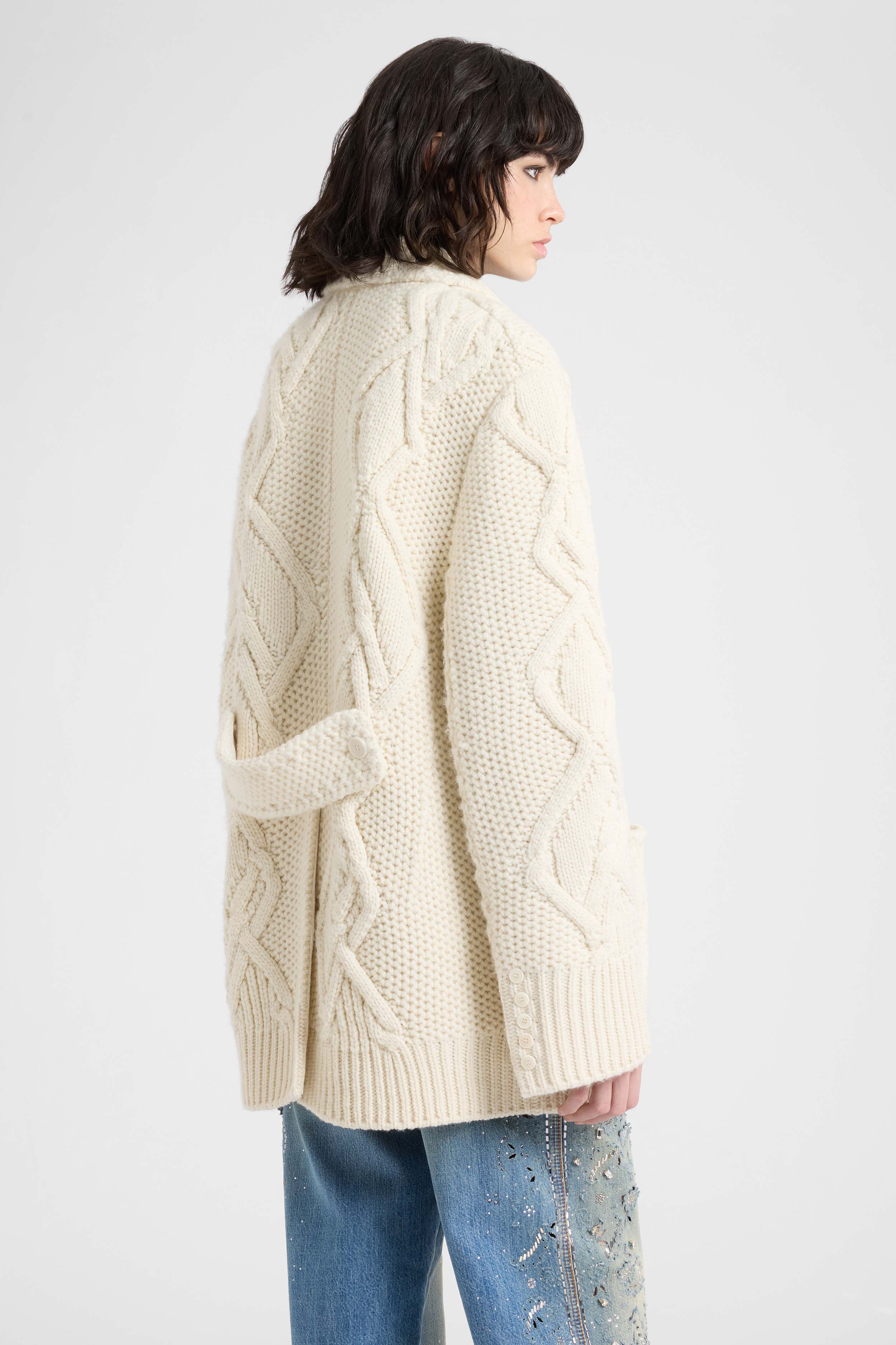 Oversized cardigan coat in pure virgin wool and lace