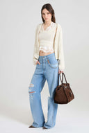 Top in cashmere rasato con dettagli in pizzo effetto layer