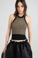 Check-pattern cashmere and wool halter-neck top with baguette crystals