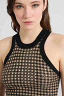 Check-pattern cashmere and wool halter-neck top with baguette crystals