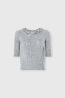 Short-sleeved cashmere sweater with cable knit, openwork and crystals
