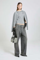 Short-sleeved cashmere sweater with cable knit, openwork and crystals