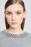 Short-sleeved cashmere sweater with cable knit, openwork and crystals