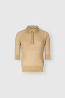 Polo in cotone e lurex con colletto in tulle ricamato