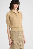 Polo in cotone e lurex con colletto in tulle ricamato