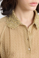 Polo in cotone e lurex con colletto in tulle ricamato