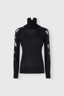 Long-sleeved virgin wool turtleneck sweater with lace and crystals