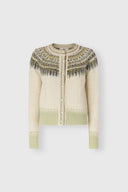 Nordic-inspired jacquard cardigan in wool, cashmere and silk with crystals