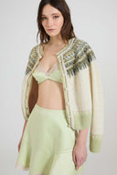 Nordic-inspired jacquard cardigan in wool, cashmere and silk with crystals