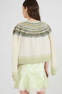Nordic-inspired jacquard cardigan in wool, cashmere and silk with crystals
